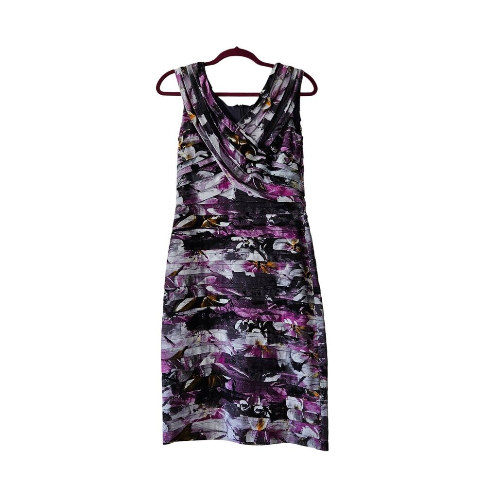 ADRIANNA PAPELL Purple Floral Sleeveless Rouched Dress Size 12